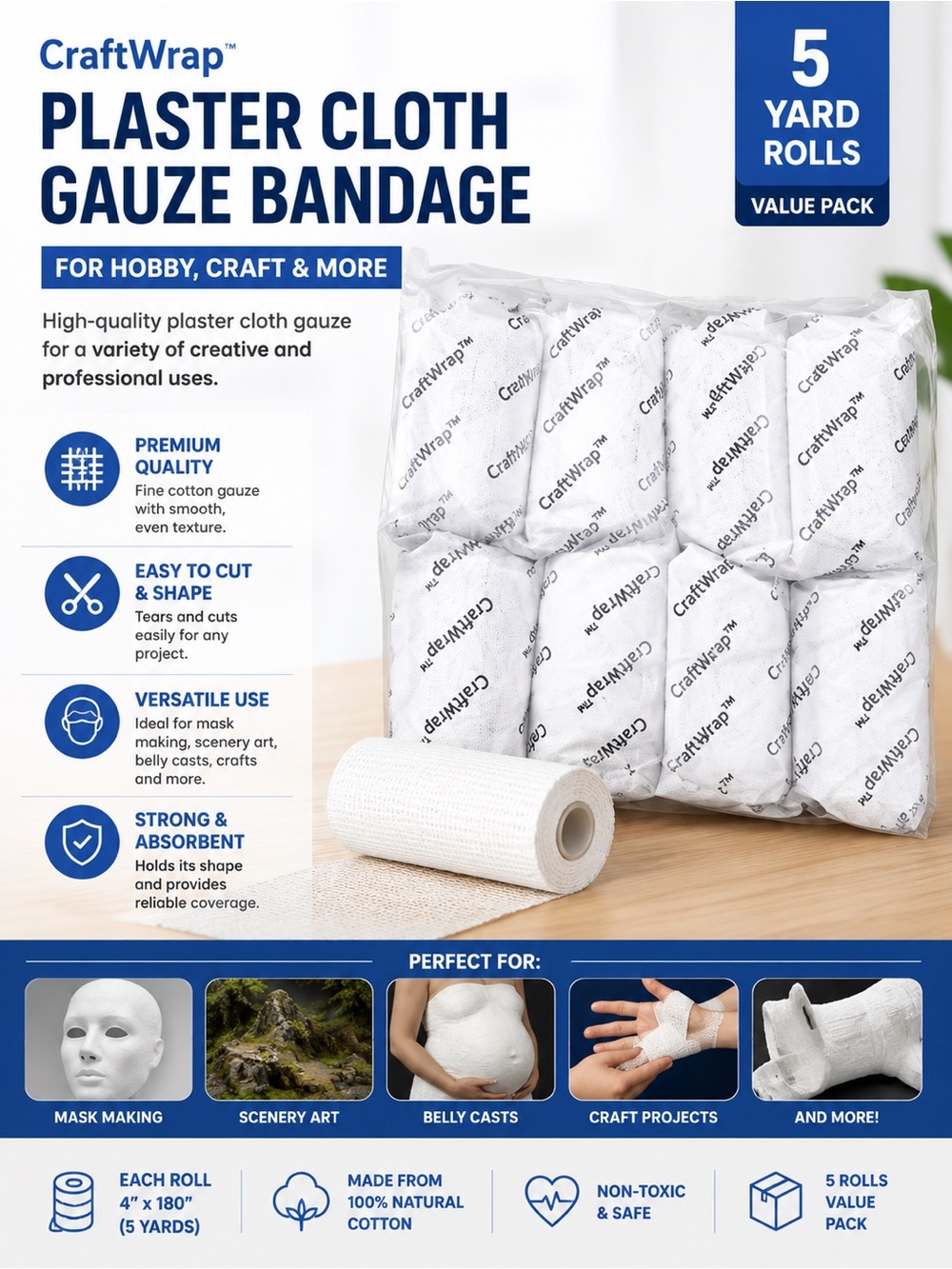 Craft White Plaster Cloth Gauze Bandage - 5 Yard Rolls Value Pack